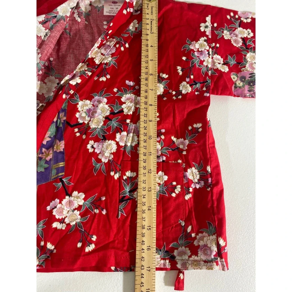 Sakurai Shoji Kimono Robe Kids M Red Excellent Geisha Floral Cotton Japan